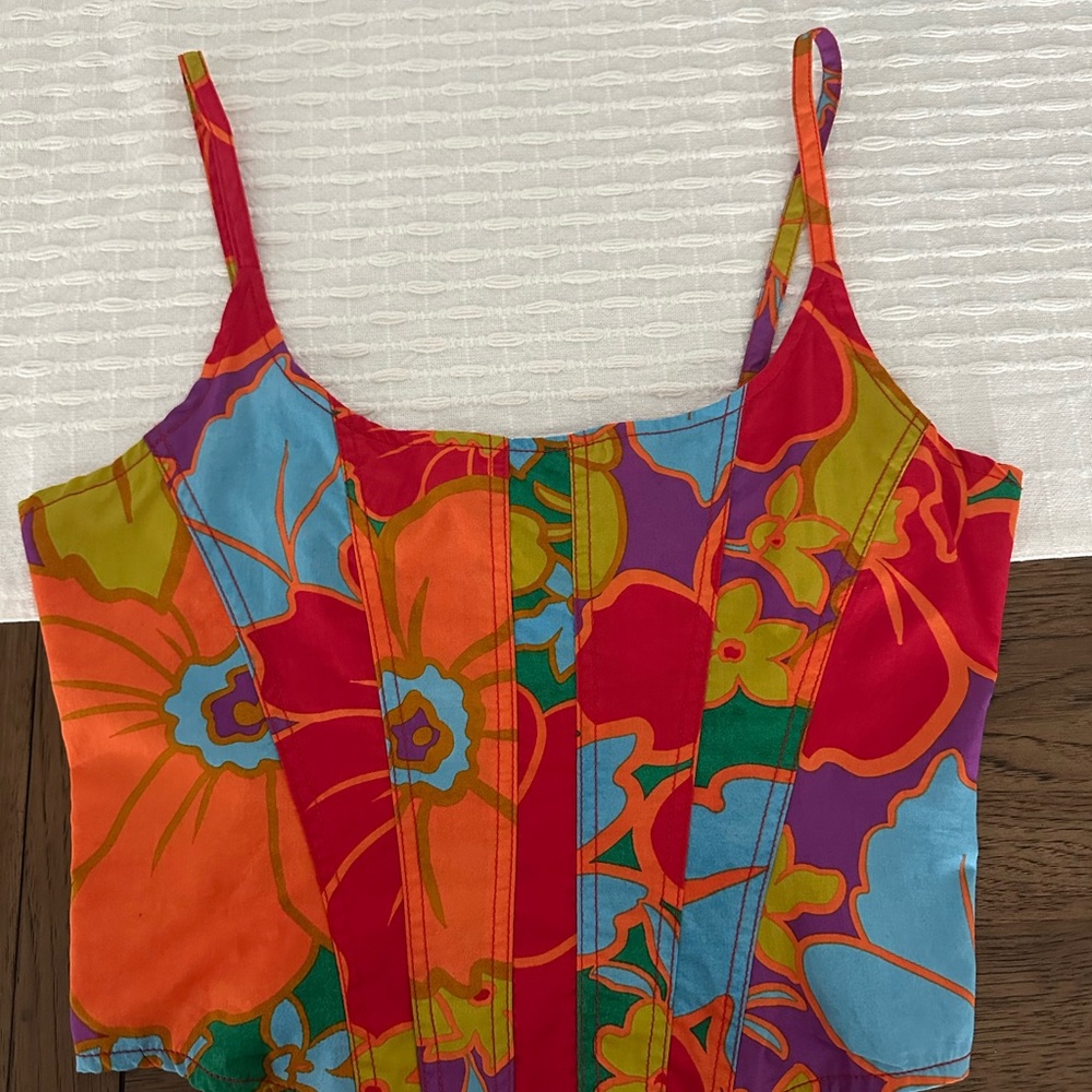 Olivaceous Multicolor Floral Spaghetti Strap Crop Top